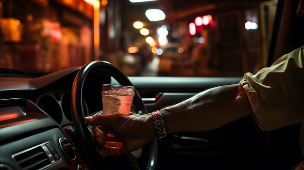 Photo closeup shot of a driver's hand holding an alcoholic drink