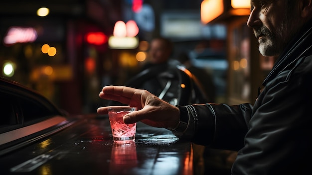 Closeup shot of a driver's hand holding an alcoholic drink