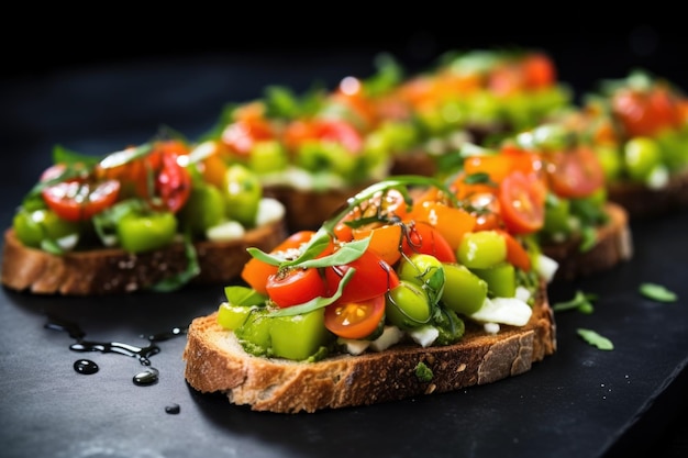 Closeup shot of edamame bruschetta on black granite