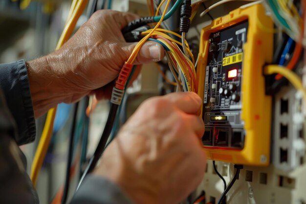 Foto una ripresa ravvicinata di un elettricista che usa un multimetro su un sistema elettrico di un appartamento