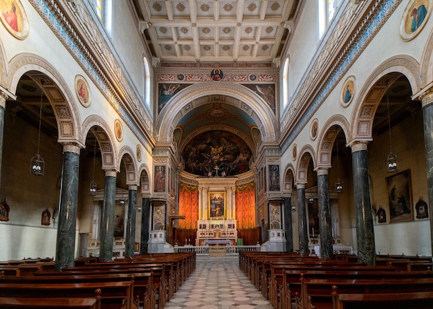 Closeup shot of an empty interior of a cathedral