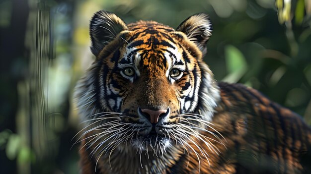 Близкий снимок экзотического тигра в лесу.