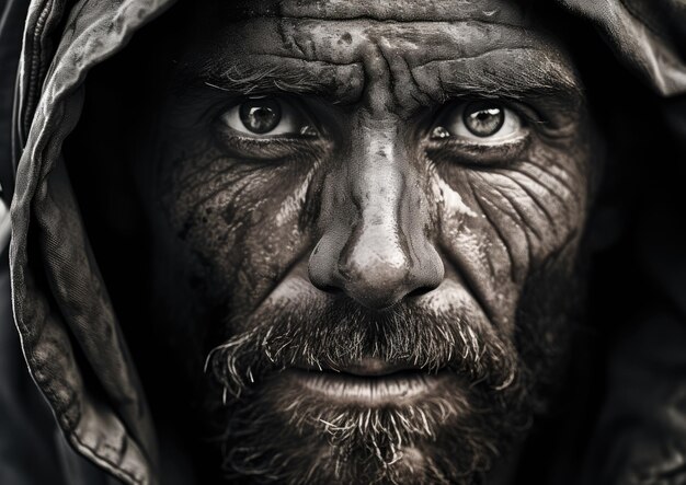 汚れと汗で覆われた探検家の顔と 決断した表情のクローズアップショット