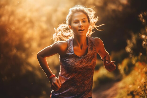 Closeup shot of female athlete running at sunset in national park Generative AI