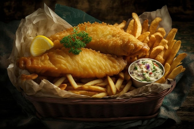 Closeup Shot of Fish and Chips in a Basket AI