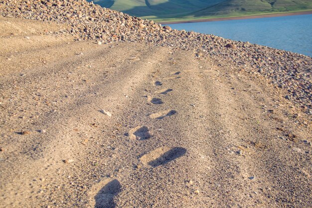 A closeup shot of footsteps in the sand