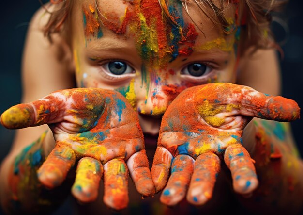 Foto un primo piano delle mani di un bambino lentigginoso, ricoperto di vernice colorata. la fotocamera è posizionata in modo terribile