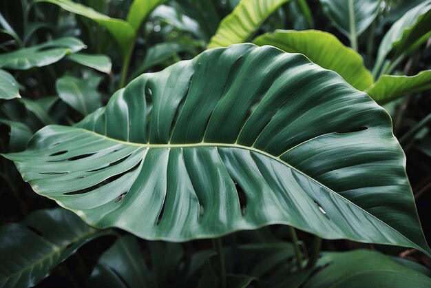 Photo closeup shot of fresh green leaf of exotic plant growing in garden