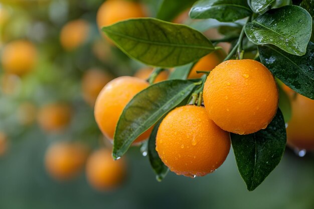 a closeup shot of a fresh orange fruit hanging from a tree and dripping raindrops