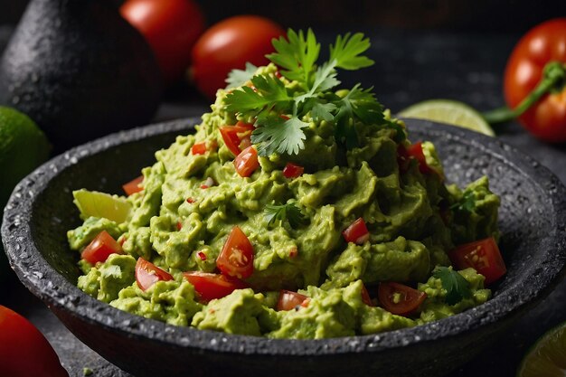 Closeup shot of freshly made guacamole in a traditiona