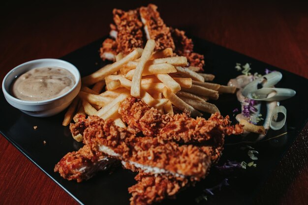 Closeup shot of fried crispy chicken with french fries in a plate