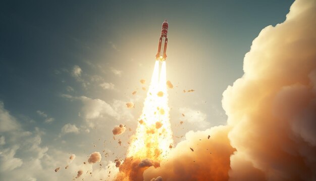 CLOSEUP SHOT FROM BELOW OF A ROCKET LIFTING OFF