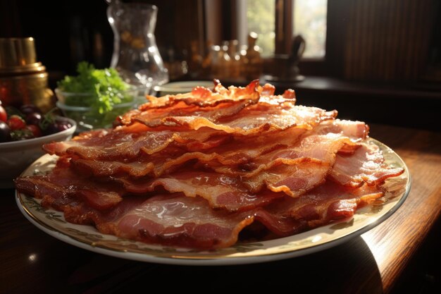 Foto scatto da vicino di un gustoso piatto con pancetta e carne su un piatto bianco generativo ia