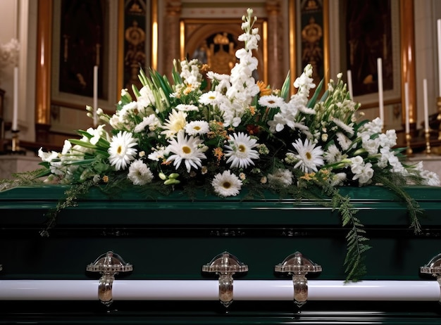 Closeup shot of a funeral casket or coffin in a hearse or chapel or burial at cemetery