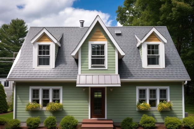 Closeup shot of a gambrel roof with dormer windows