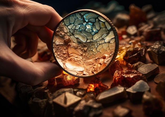 Photo a closeup shot of a geologist's hands carefully holding a magnifying glass highlighting the intric