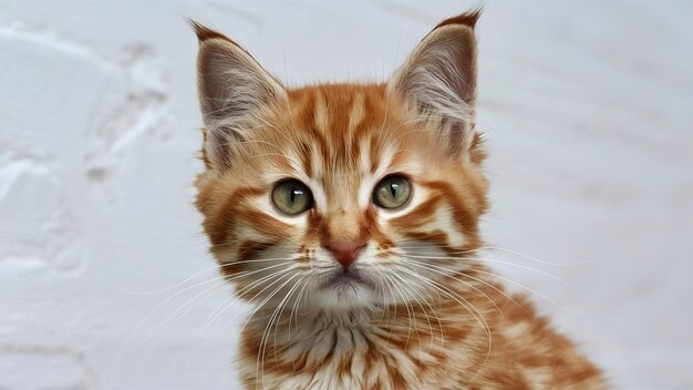 Closeup shot of a ginger kitten with green eyes on a white background