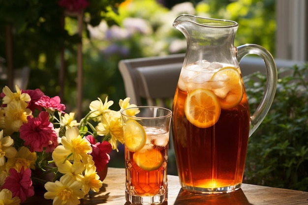 Closeup shot of a glass pitcher filled with freshly brewed iced tea
