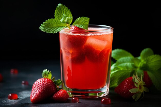 A closeup shot of a glass of strawberry juice with whole strawberries and mint leaves as garnish