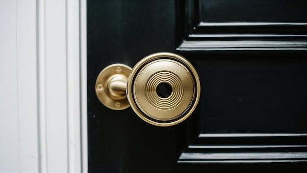 Closeup shot of a gold door knob on a black door