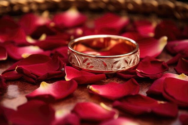 A closeup shot of a goldband wedding ring surrounded by rose petals