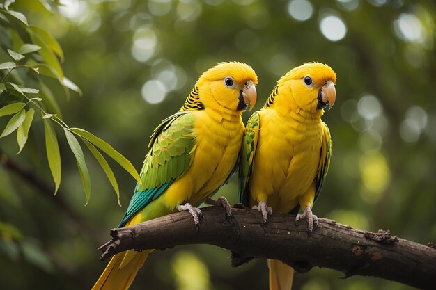 closeup shot of a golden parakeet couple on a tree