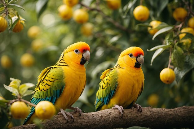 closeup shot of a golden parakeet couple on a tree