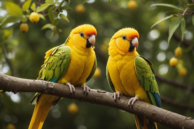 closeup shot of a golden parakeet couple on a tree