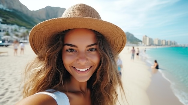 Foto immagine ravvicinata di una bellissima turista che si diverte a passare il tempo libero all'aperto vicino al mare sulla spiaggia