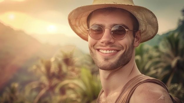 closeup shot of a goodlooking male tourist Enjoy free time outdoors near the sea on the beach Lo