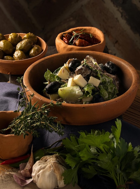 Closeup shot of a gourmet Georgian salad on a restaurant table