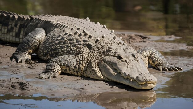 Closeup shot of a grey crocodile lying on mud during daytime