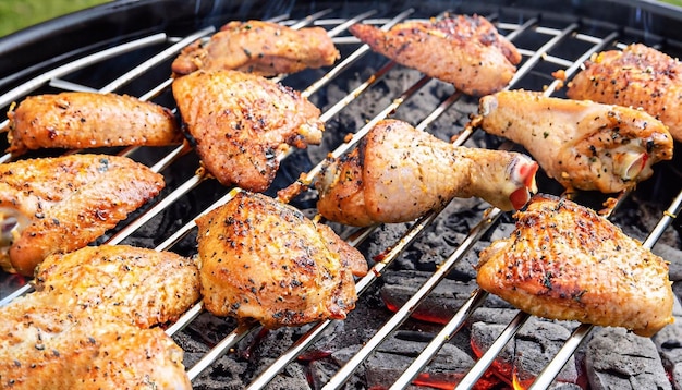 A closeup shot of grilling spiced chicken in a grid on charcoal bbq