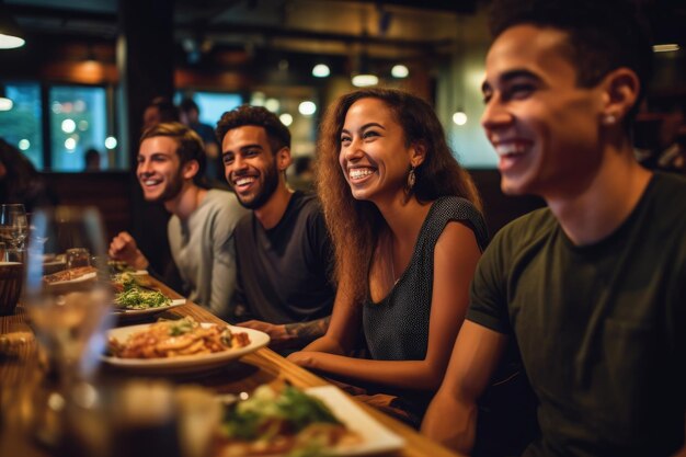 A closeup shot of a group of friends having fun together while dining at the venue Generative AI