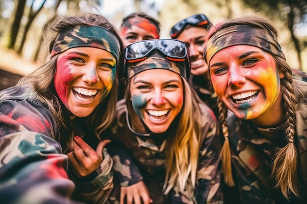 Близкий снимок группы счастливых друзей, играющих в пейнтбол и имеющих брызги красочной краски на лицах Генеративный ИИ