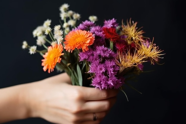 Closeup shot of a hand holding some flowers created with generative ai