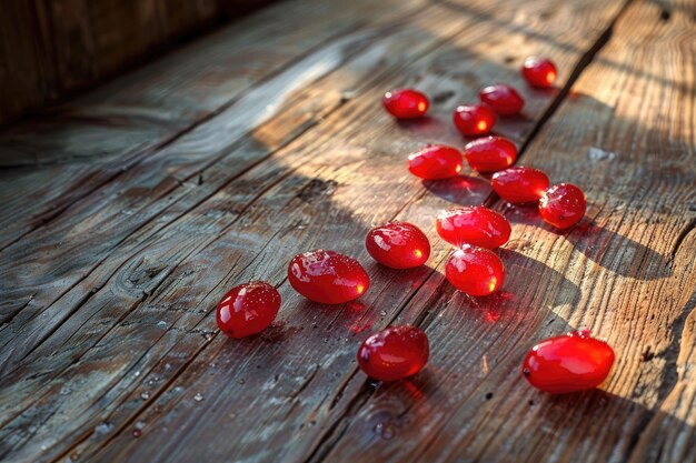 closeup shot of a handful of glistening goji berries scattered on a wooden table