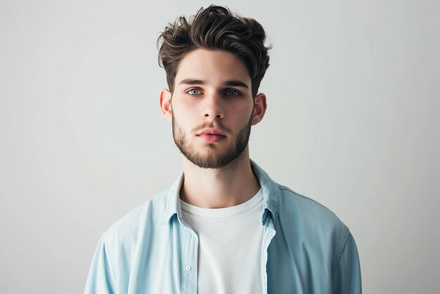 closeup shot of handsome man in blue shirt on white isolated background