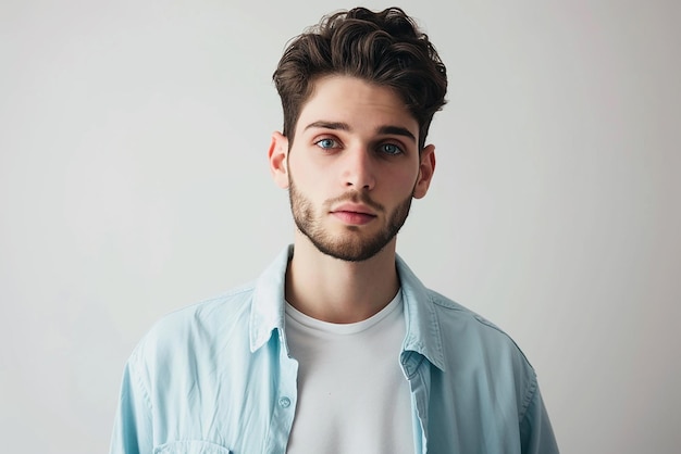 closeup shot of handsome man in blue shirt on white isolated background