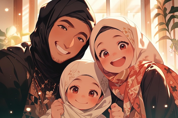 Снимок крупным планом счастливой арабской семьи из трех человек с маленькой дочерью, весело проводящей время вместе дома аниме в стиле манги иллюстрация генеративный ай