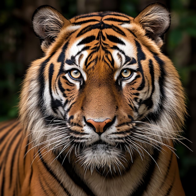 Крупный план головы величественного тигра, смотрящего прямо в камеру