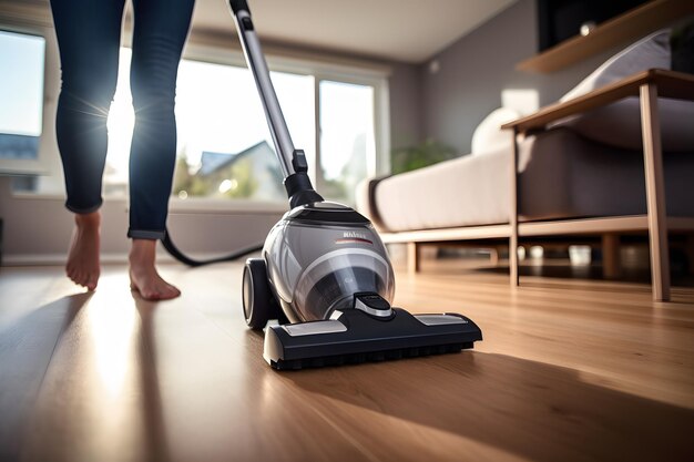 A closeup shot of a homemaker operating an electric vacuum cleaner in her living room