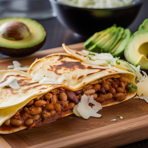 Photo closeup shot of honduran baleadas with salsa and salad