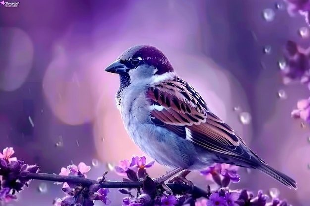 Closeup shot of a house sparrow bird perched on a purple
