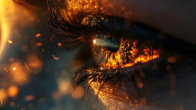 Photo closeup shot of a human eye reflecting a forest fire at sunset