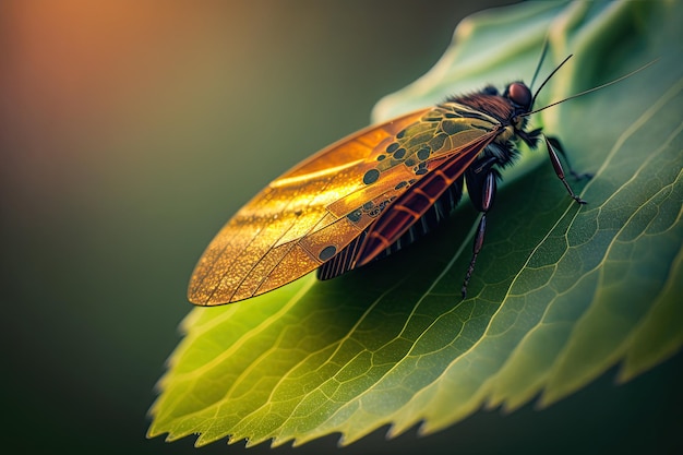 背景をぼかした木の葉の上の昆虫の羽のクローズ アップ ショット AI によって生成された