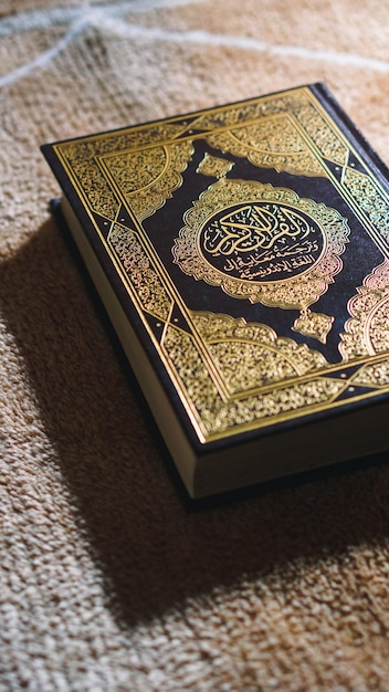 Снимок крупным планом исламской книги Коран с золотой арабской каллиграфией справа