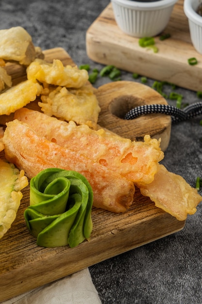 Closeup shot of japanese tempura dish with vegetables