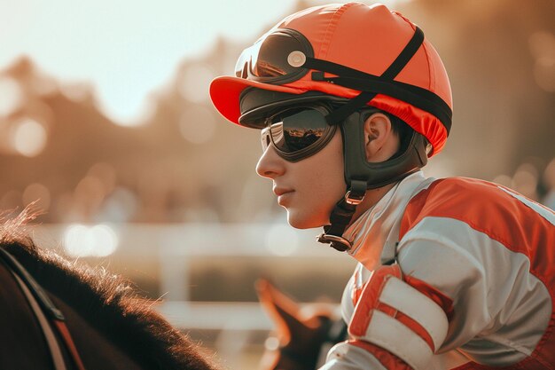 Photo closeup shot of a jockey at a grand prix horse race