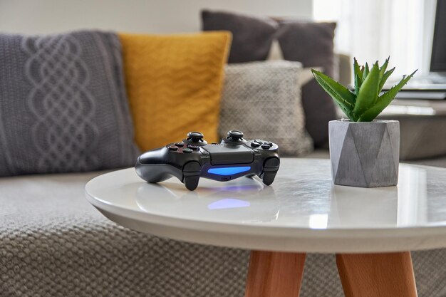 Closeup shot of a joystick on a table at home